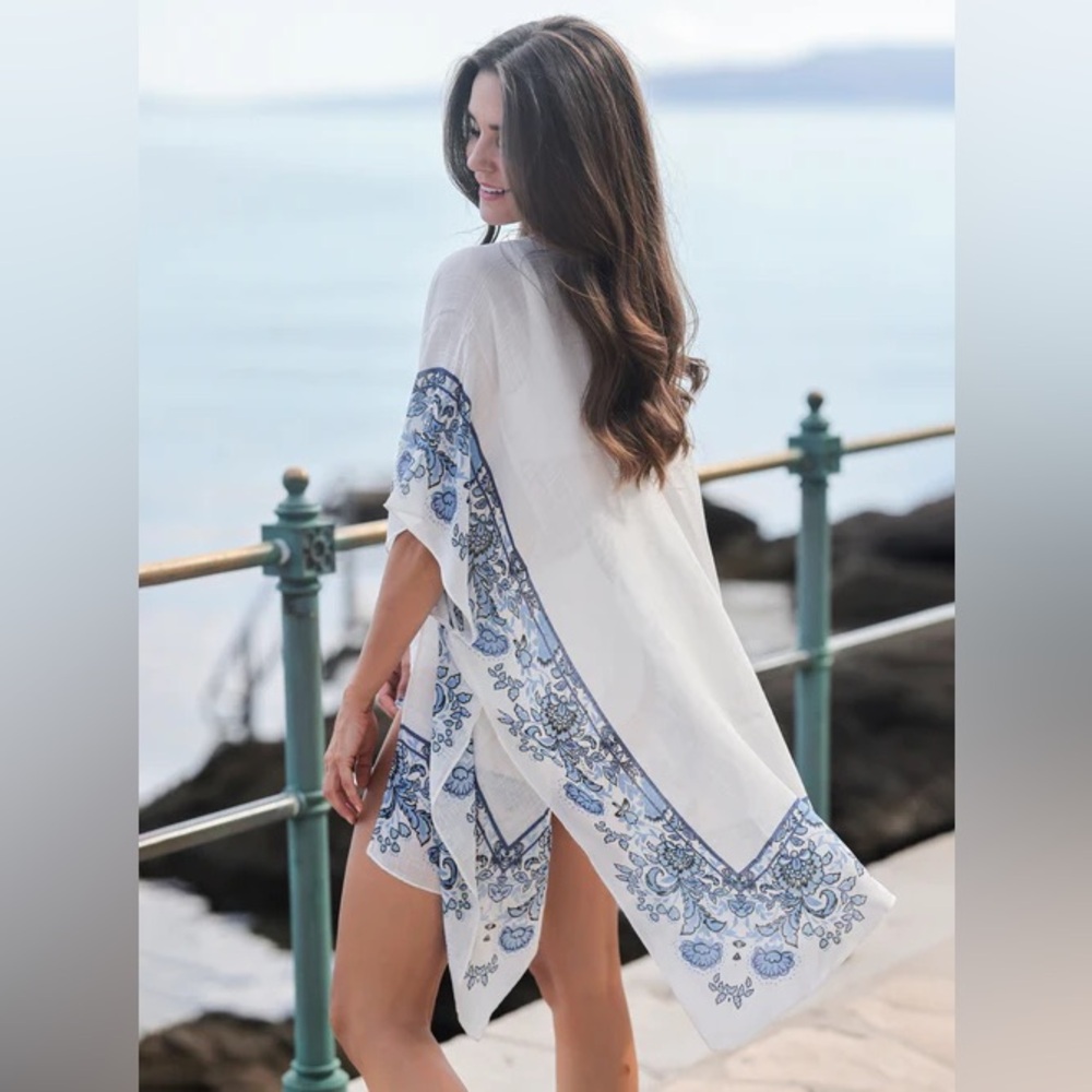 SHIRALEAH EDEN KIMONO SWIM COVER UP, WHITE BLUE NWT